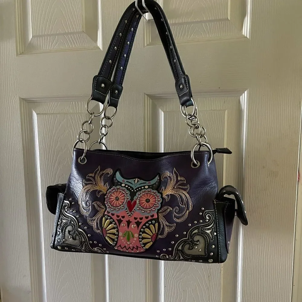 Purple and multi color Owl art and embroidery work  shoulder bag.